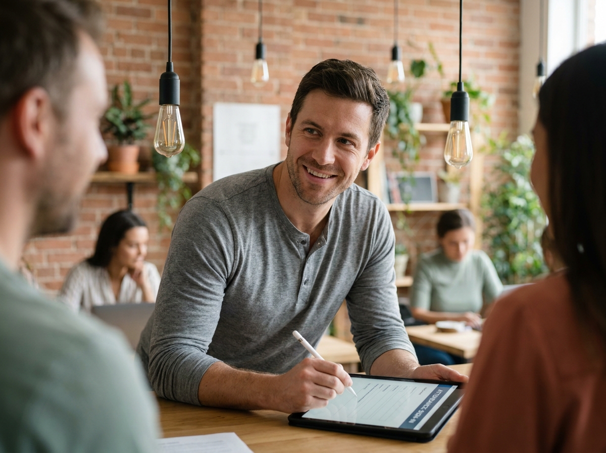 Apprenant adulte signanant une feuille d'émargement numérique sur tablette dans un espace de formation collaboratif moderne