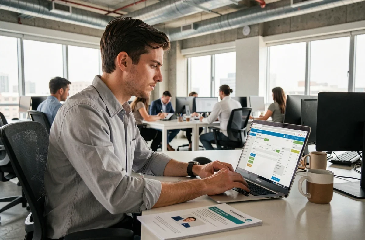 Employé en autoformation sur l'extranet courtage AXA à son bureau en open space