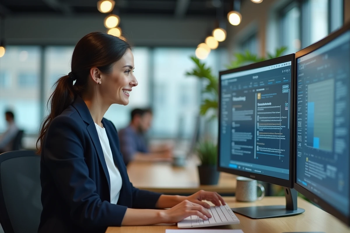 Employée consultant l'intranet groupe Blachère sur un écran d'ordinateur dans un bureau moderne