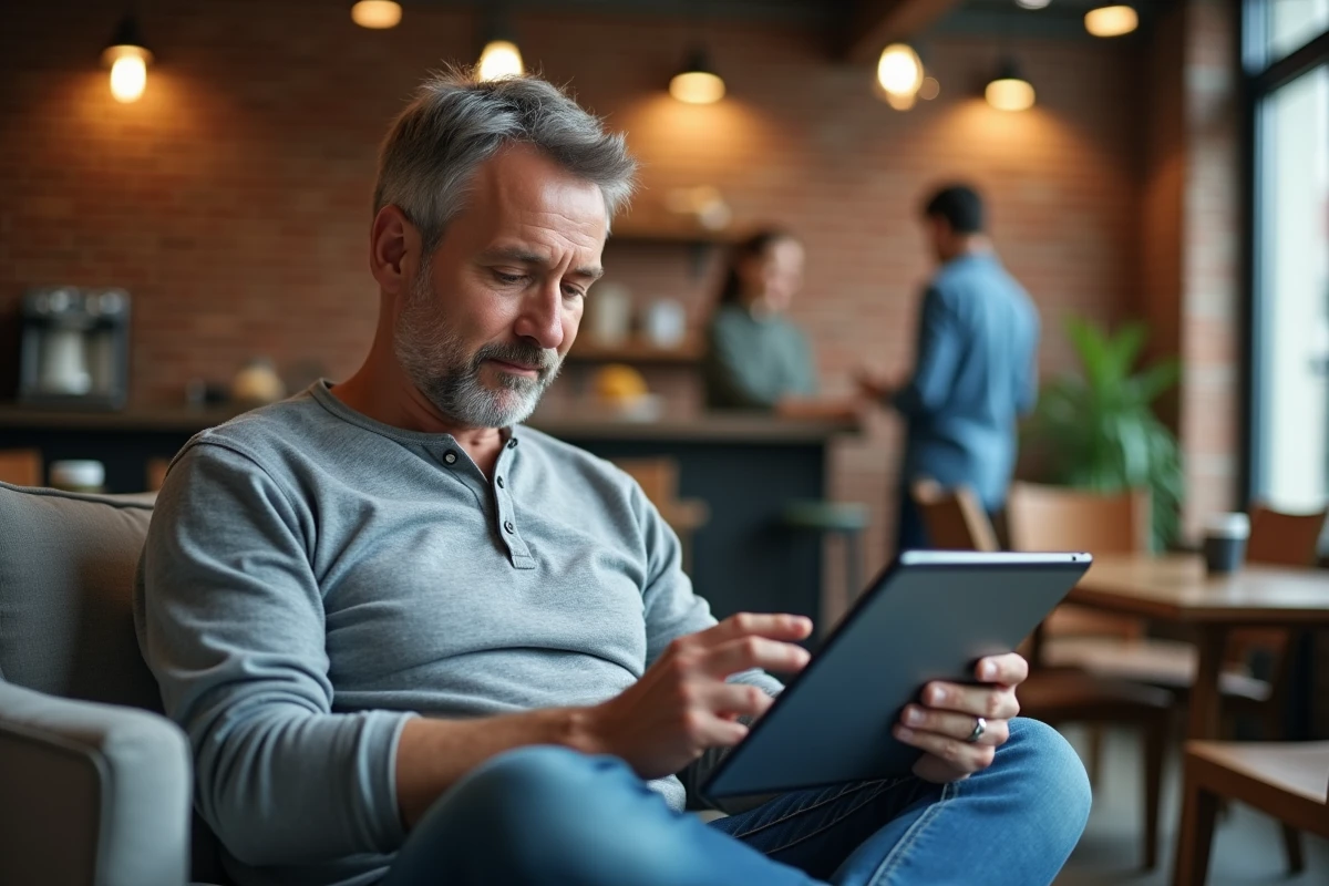 Employé Blachère consultant l'intranet sur tablette dans un espace de détente d'entreprise