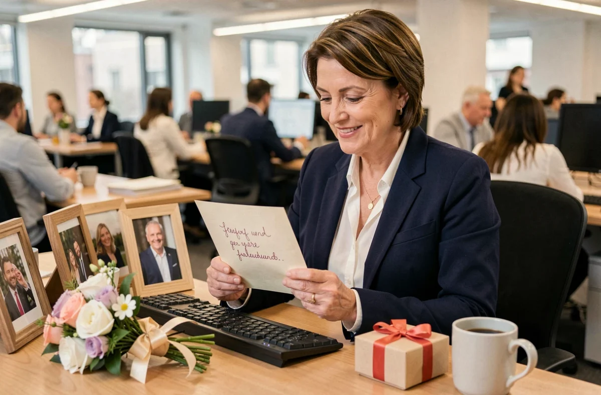 Femme lisant une carte de départ de ses collègues assise à son bureau avec des fleurs et un cadeau d'adieu