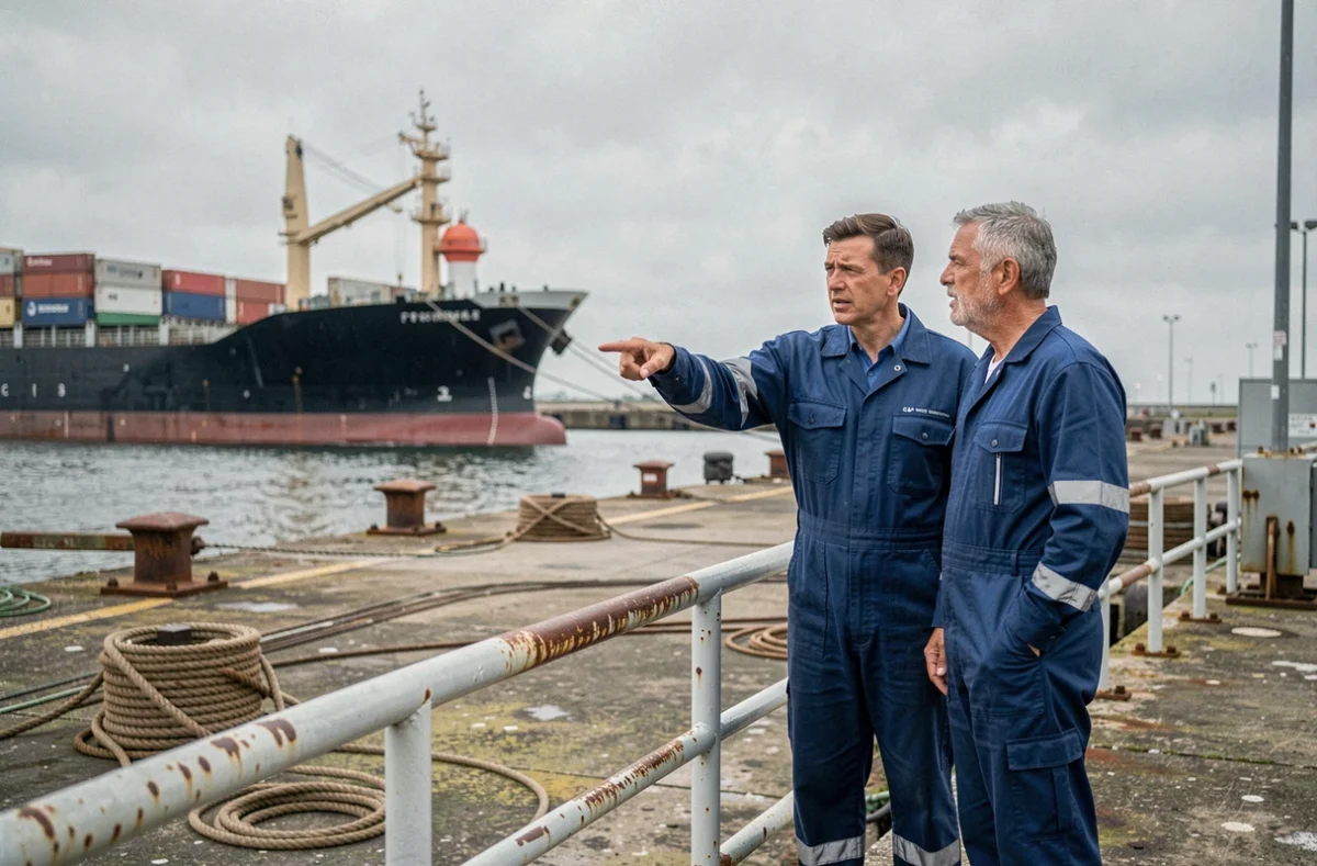 Deux employés portuaires en discussion professionnelle sur le quai devant un navire cargo amarré