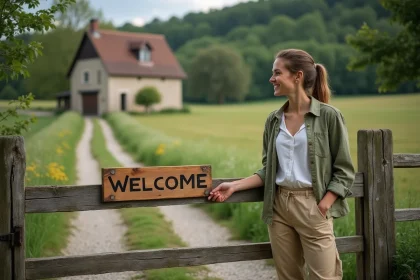 Femme souriante devant l'entrée en bois de la Ferme du Fays, entourée de prairies verdoyantes et de fleurs sauvages en Belgique