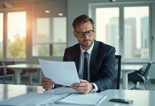 Entrepreneur confiant dans un bureau moderne examine documents officiels