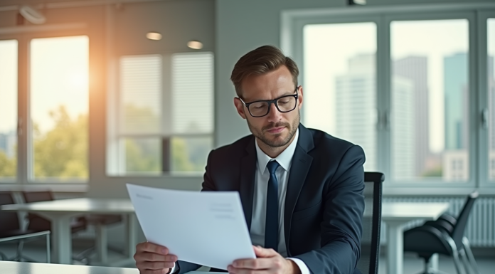 Entrepreneur confiant dans un bureau moderne examine documents officiels