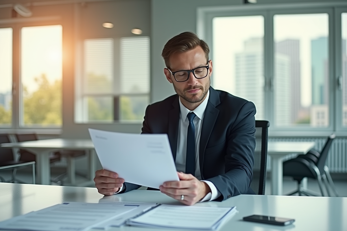 Entrepreneur confiant dans un bureau moderne examine documents officiels