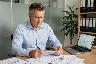Entrepreneur en difficulté financière analysant ses documents de trésorerie sur son bureau