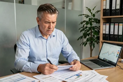 Entrepreneur en difficulté financière analysant ses documents de trésorerie sur son bureau