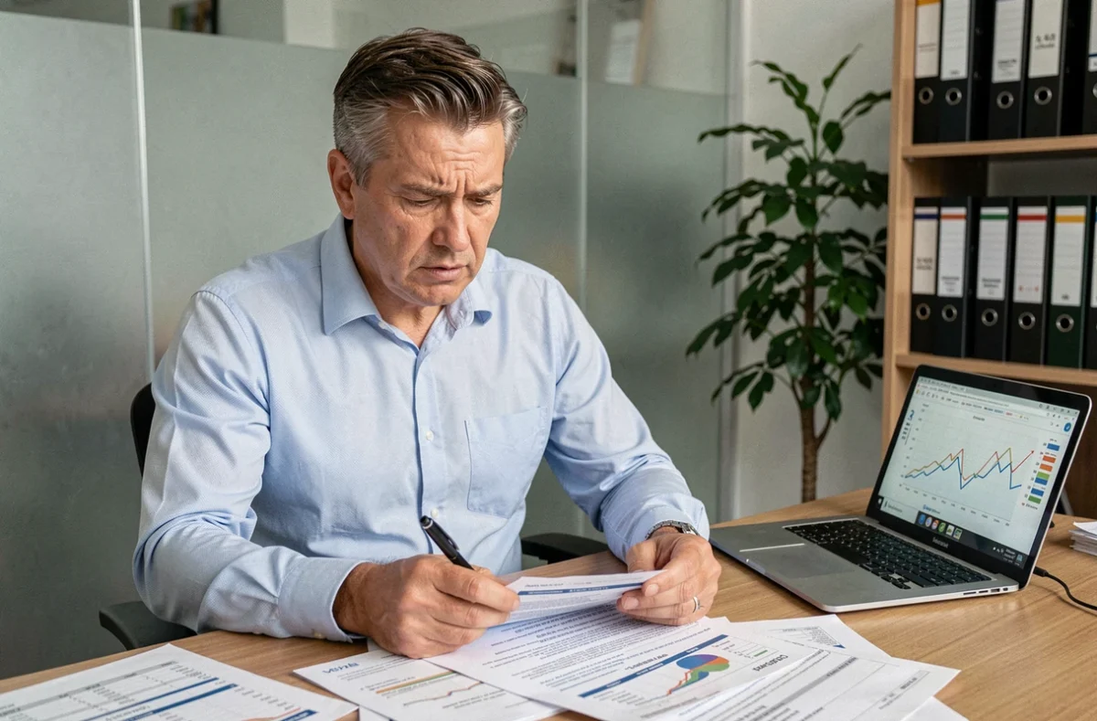 Entrepreneur en difficulté financière analysant ses documents de trésorerie sur son bureau