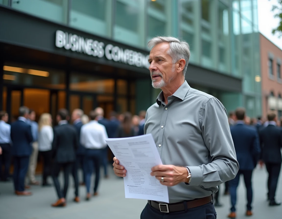 Entrepreneur devant l'entrée d'un événement professionnel Frenchy 2026 avec un programme imprimé, cherchant une place de dernière minute