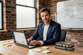 Entrepreneur consultant en marketing de contenu analysant des statistiques de business sur un ordinateur portable dans un bureau moderne