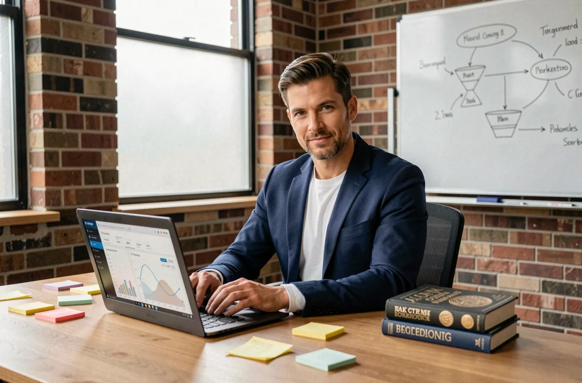 Entrepreneur consultant en marketing de contenu analysant des statistiques de business sur un ordinateur portable dans un bureau moderne