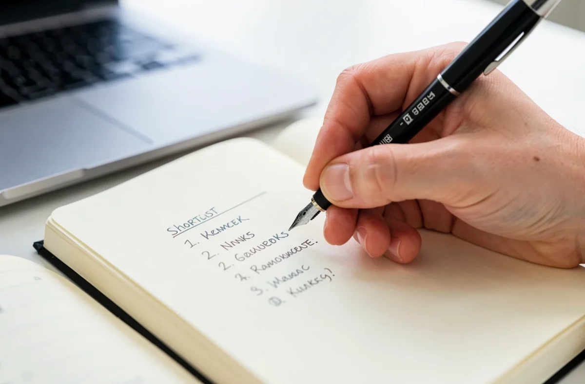 Entrepreneur notant une liste de noms d'entreprise sur un carnet