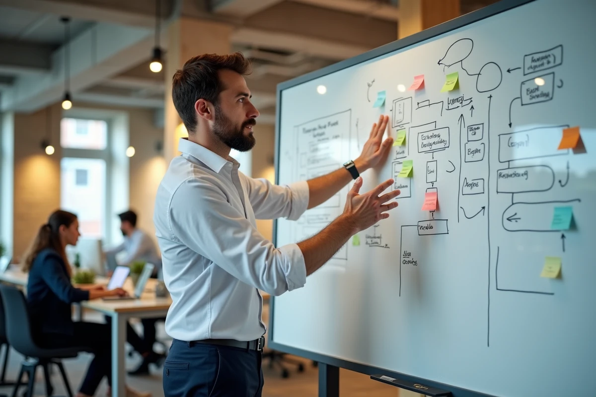 Entrepreneur masculin présentant un modèle économique sur tableau blanc dans un espace de coworking lors de la création de son activité
