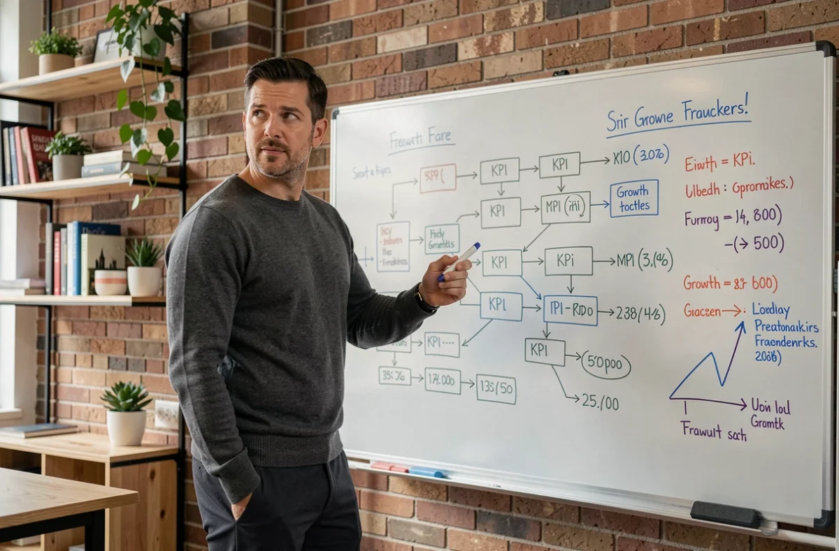 Entrepreneur analysant un tableau de bord de croissance avec des frameworks structurés pour son entreprise