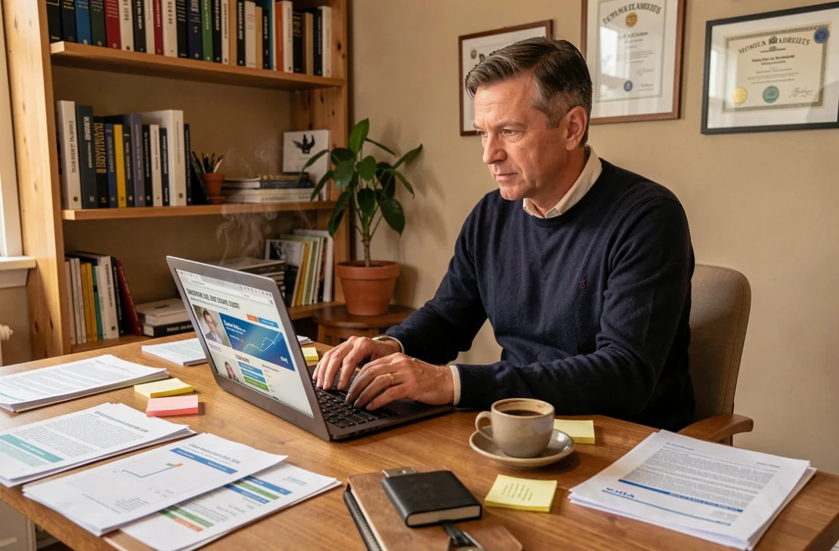 Entrepreneur en télétravail gérant sa PME depuis son bureau à domicile avec un site d'actualités économiques ouvert sur son ordinateur portable