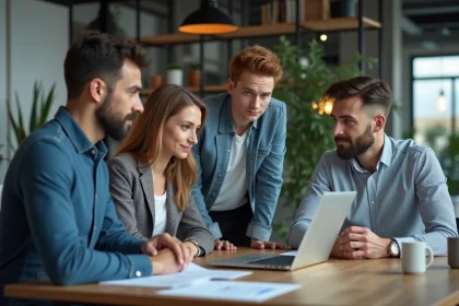 Groupe de professionnels web concentrés autour d'un ordinateur