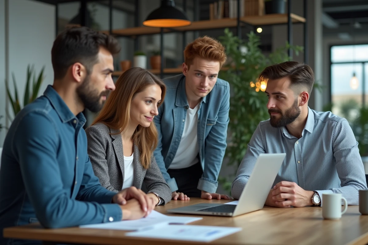 Groupe de professionnels web concentrés autour d'un ordinateur