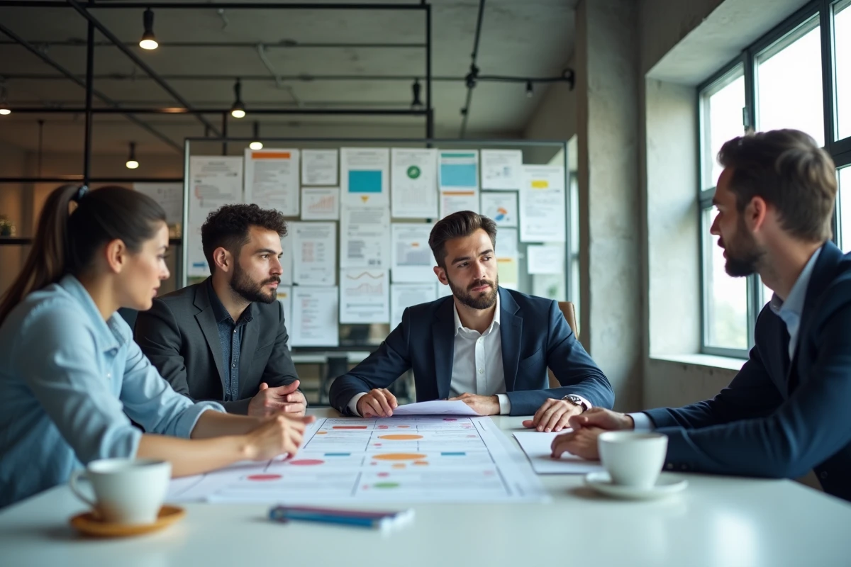 Équipe de gestion de la construction analysant une matrice de risques juridiques et des listes de conformité dans un bureau moderne