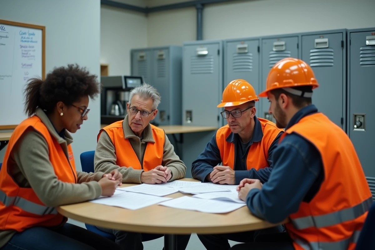 Équipe d'opérateurs industriels en réunion autour d'un planning de travail posté pour organiser les rotations sans conflit