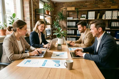 Équipe PME française en réunion de gestion autour d'une table de conférence moderne avec tableaux de bord et ordinateurs portables