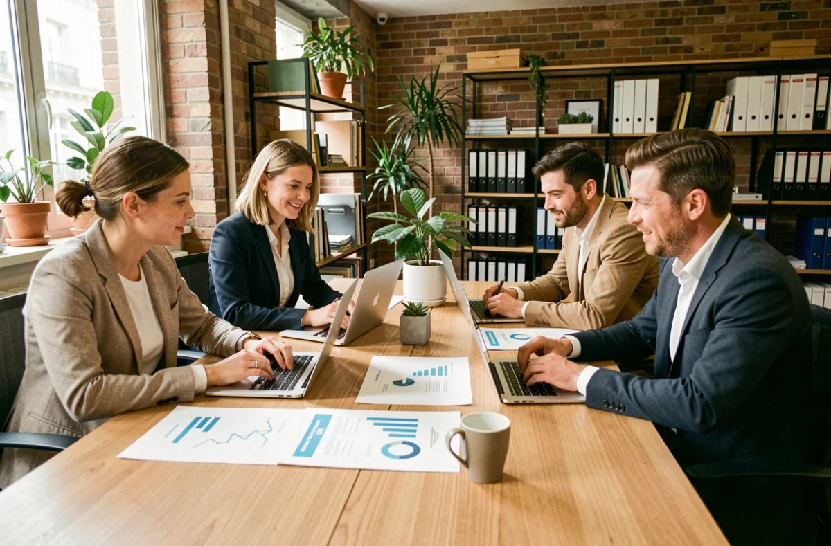 Équipe PME française en réunion de gestion autour d'une table de conférence moderne avec tableaux de bord et ordinateurs portables
