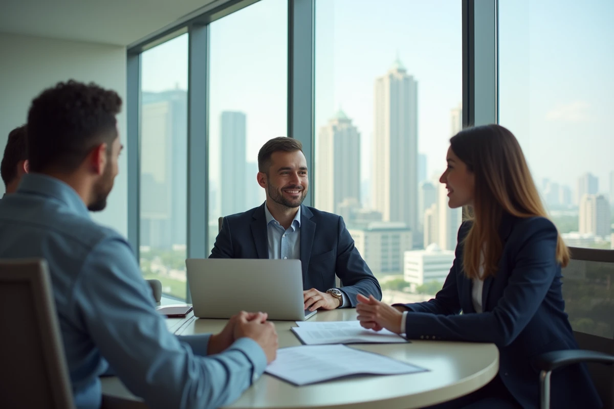 Équipe de recruteurs Rhapsody en réunion avec des candidats dans une salle de conférence professionnelle