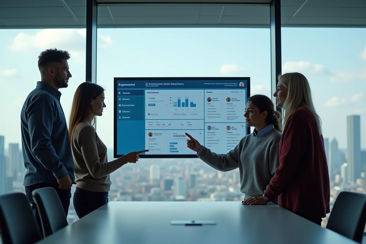 Équipe professionnelle en réunion autour d'un tableau de bord intranet d'entreprise Blachère