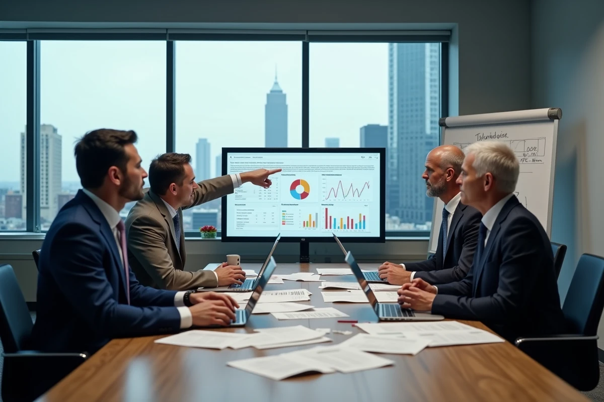&Eacute;quipe de professionnels en r&eacute;union autour de rapports financiers et d'un tableau de bord projet&eacute;, illustrant les bonnes pratiques de pilotage financier en entreprise