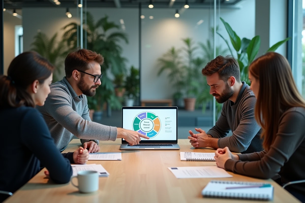 Équipe de professionnels en réunion stratégique autour du modèle Why How What