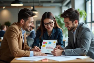 Groupe de professionnels analysant un plan stratégique sur une tablette