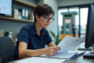Exploitante de centre SVC analysant un rapport d'activité quotidien au comptoir de gestion
