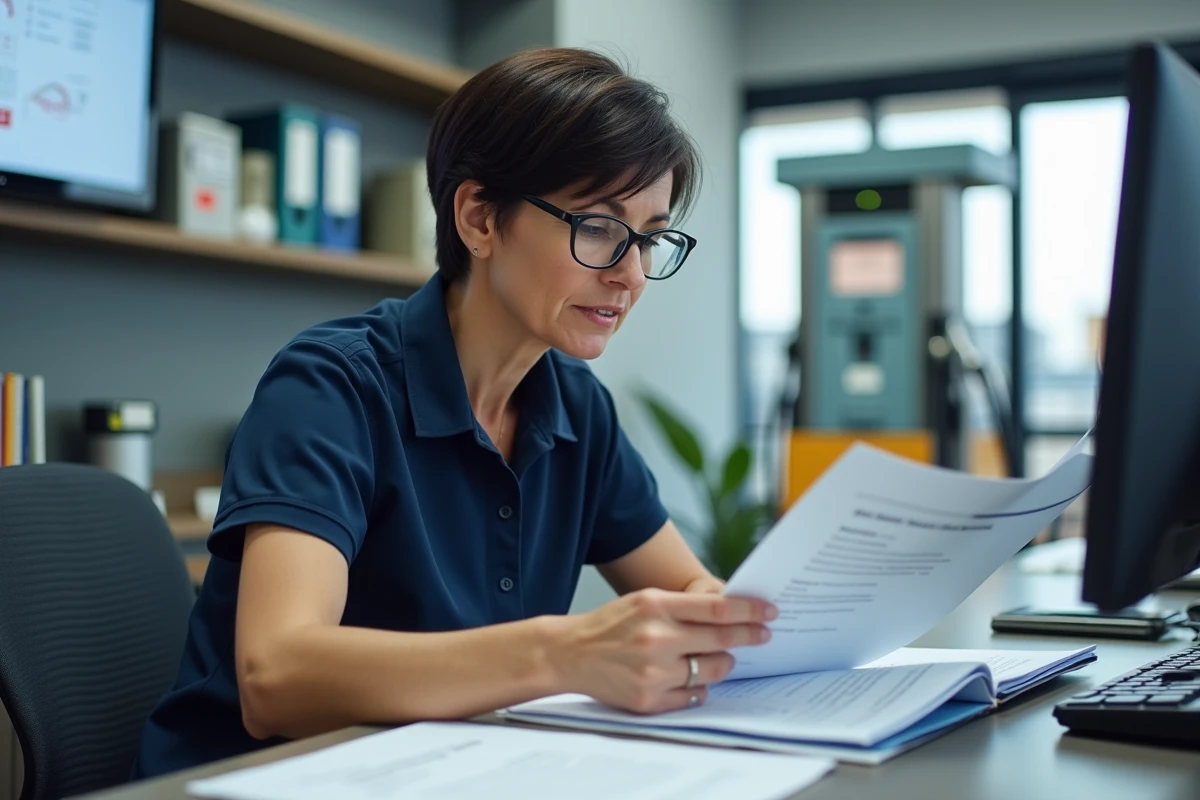 Exploitante de centre SVC analysant un rapport d'activité quotidien au comptoir de gestion