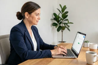 Femme professionnelle accédant à son compte Terciel sur un ordinateur portable dans un bureau à domicile organisé