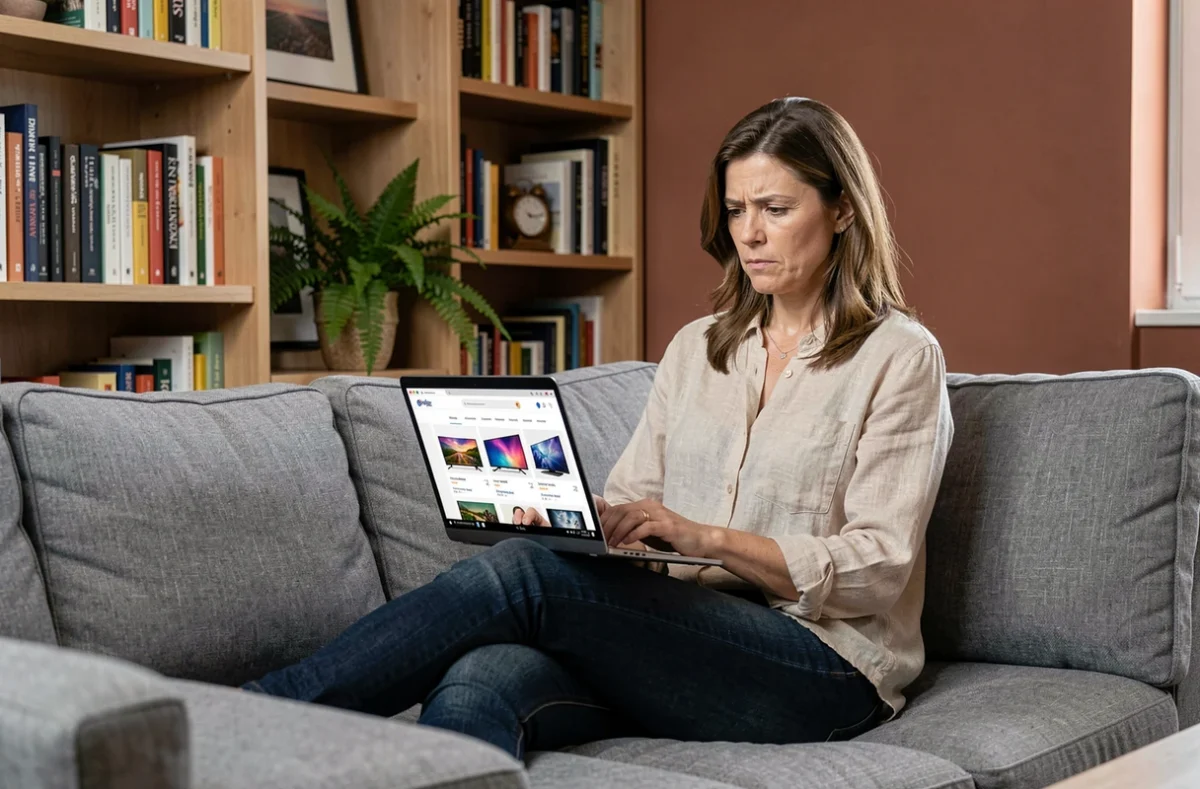 Femme consultant un site e-commerce high-tech sur ordinateur portable dans son salon pour comparer des produits connectés