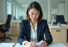 Femme en blazer navy dans un bureau moderne