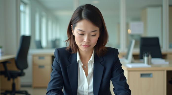Femme en blazer navy dans un bureau moderne