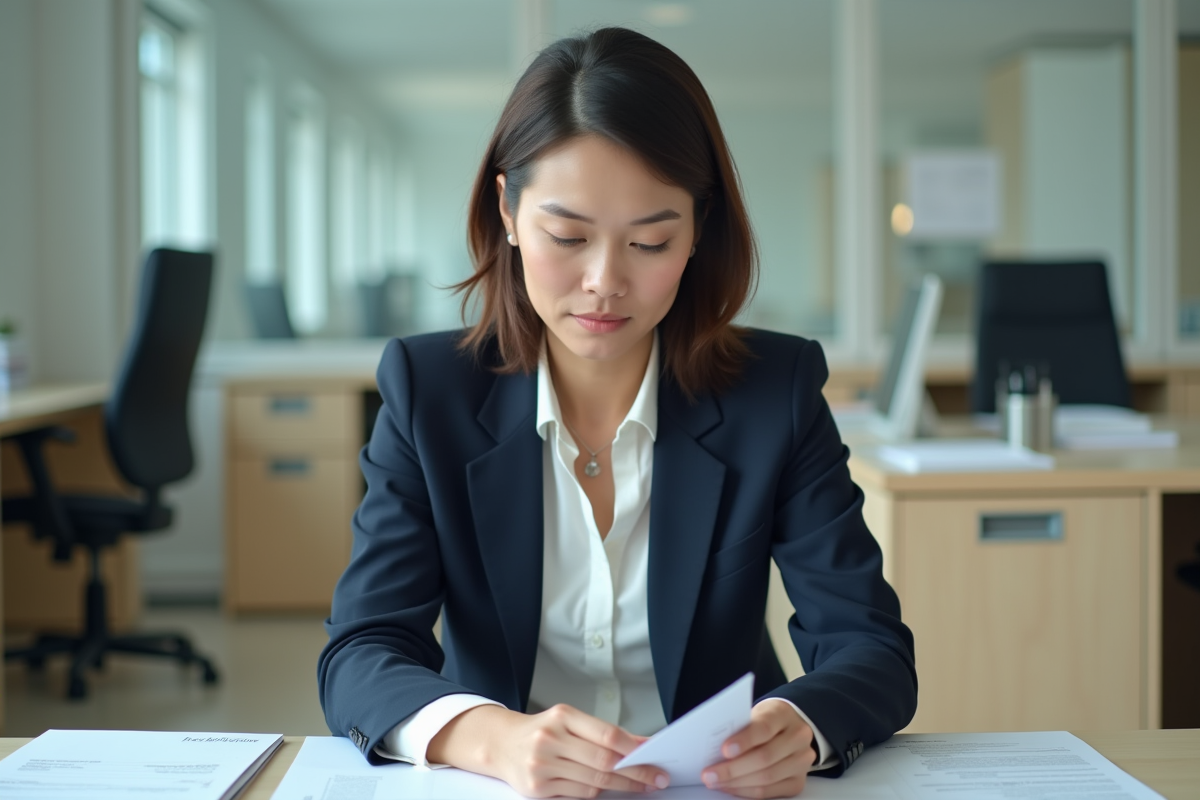 Femme en blazer navy dans un bureau moderne