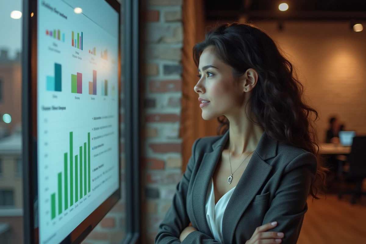 Femme d affaires regardant des analyses sur un écran dans un espace de coworking