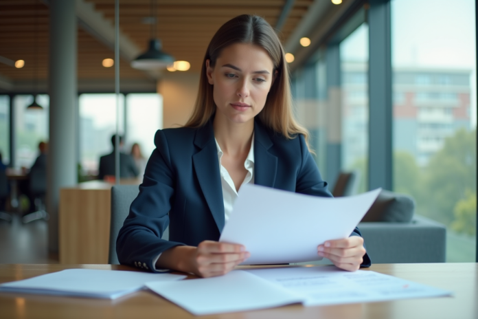 Femme d'affaires en bureau moderne en train de lire un document