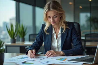 Femme d affaires en bureau moderne avec documents et ordinateur