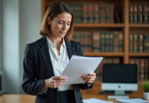 Publicité légale : conditions à respecter pour être conforme aux règles en France Femme d affaires en tenue formelle examinant des documents