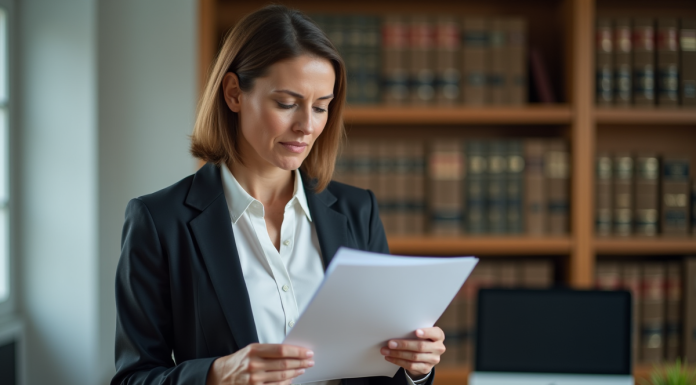 Femme d affaires en tenue formelle examinant des documents