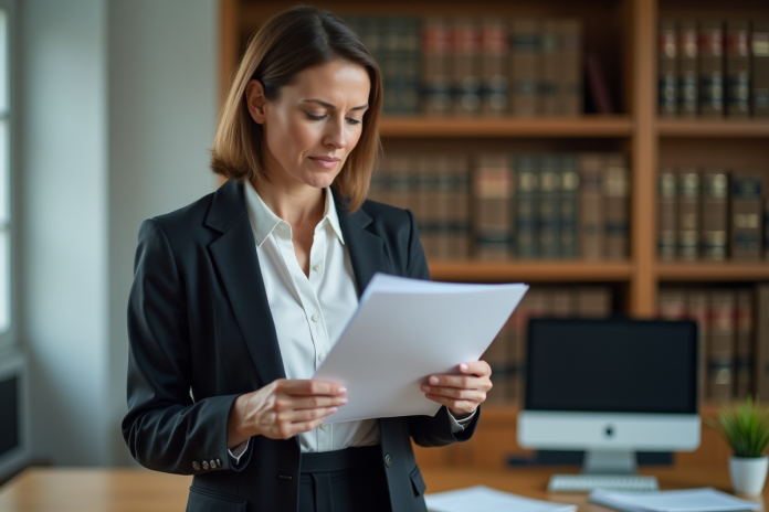 Femme d affaires en tenue formelle examinant des documents