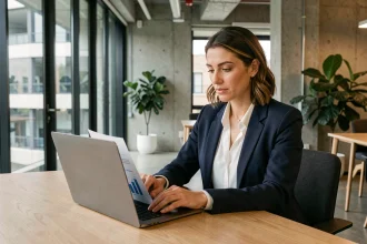 Femme d'affaires consultant un guide de croissance d'entreprise sur ordinateur portable dans un bureau moderne