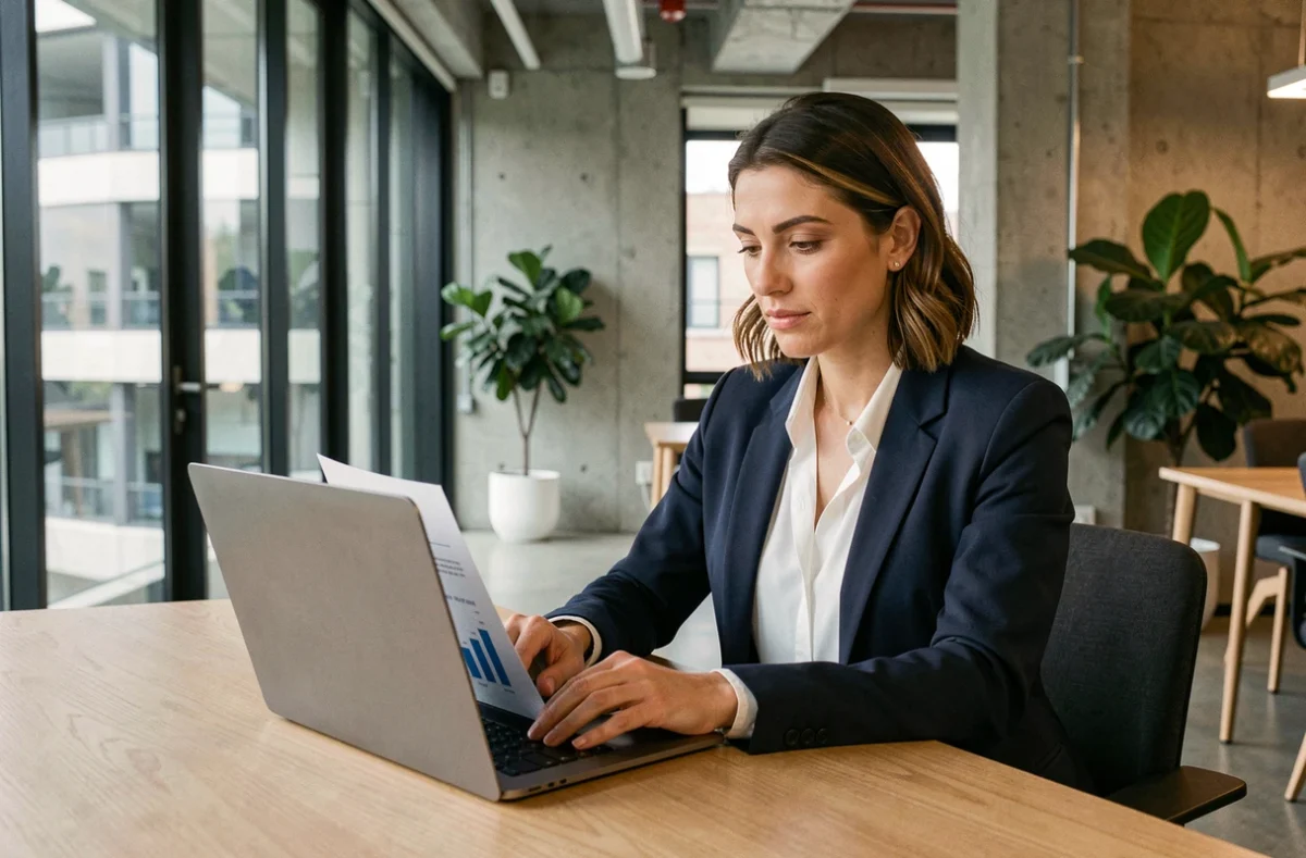Femme d'affaires consultant un guide de croissance d'entreprise sur ordinateur portable dans un bureau moderne