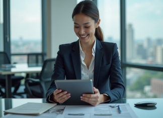 Femme d'affaires en costume navy dans un bureau moderne