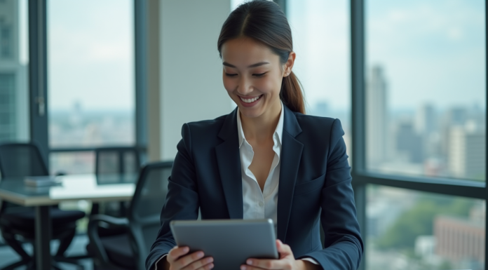 Femme d'affaires en costume navy dans un bureau moderne