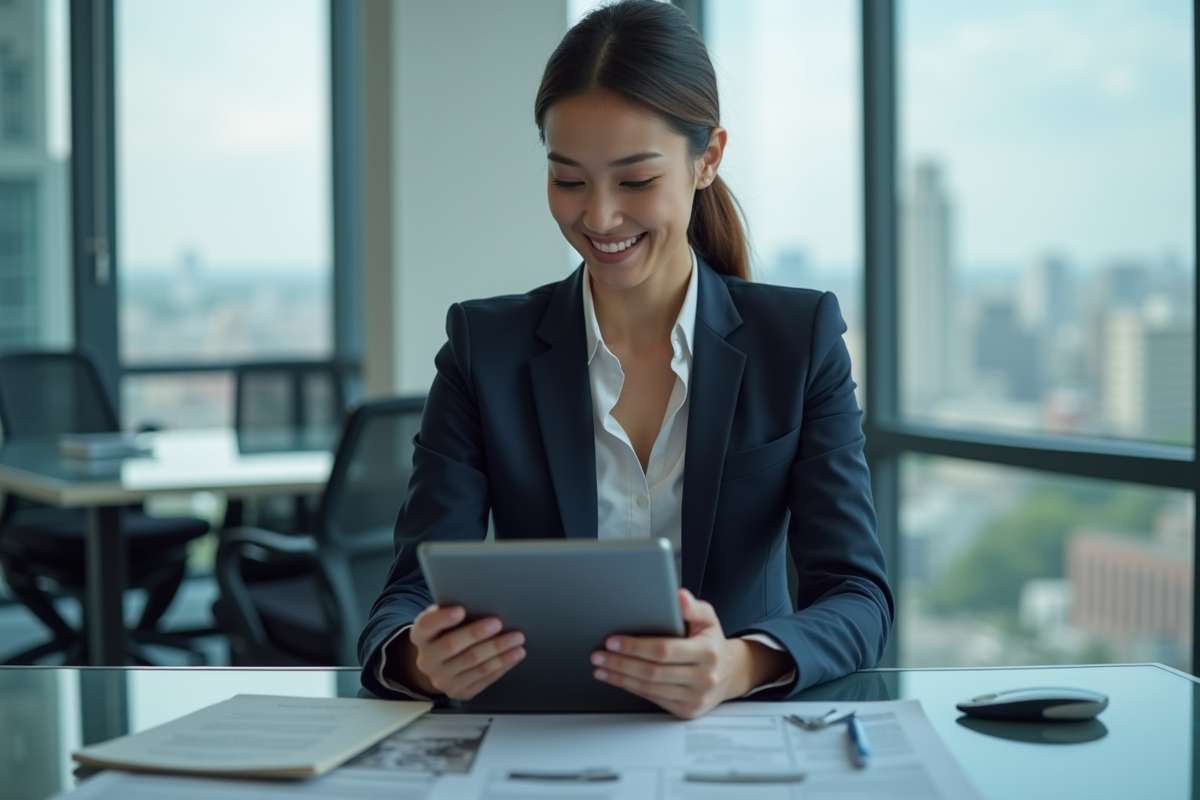 Femme d'affaires en costume navy dans un bureau moderne