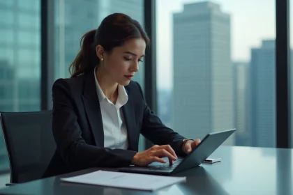 Femme d'affaires regardant des données financières sur une tablette